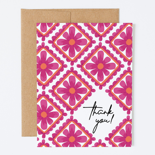 Retro Floral Tile, "Thank You" - Greeting Card